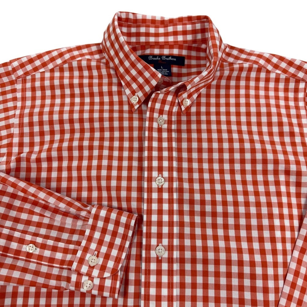 Brooks Brothers Fleece Shirt Mens Large Orange Gingham Non Iron Button Down